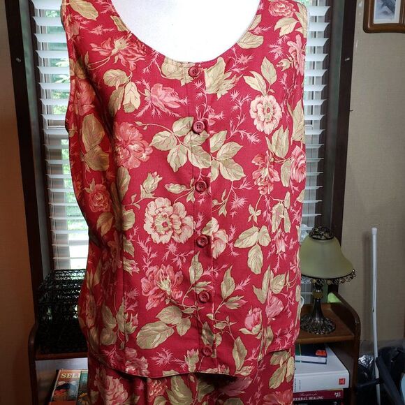 Vintage Napa Valley Red Pink Floral Pleated High Waist Shorts Set Sleeveless L M - Picture 2 of 11